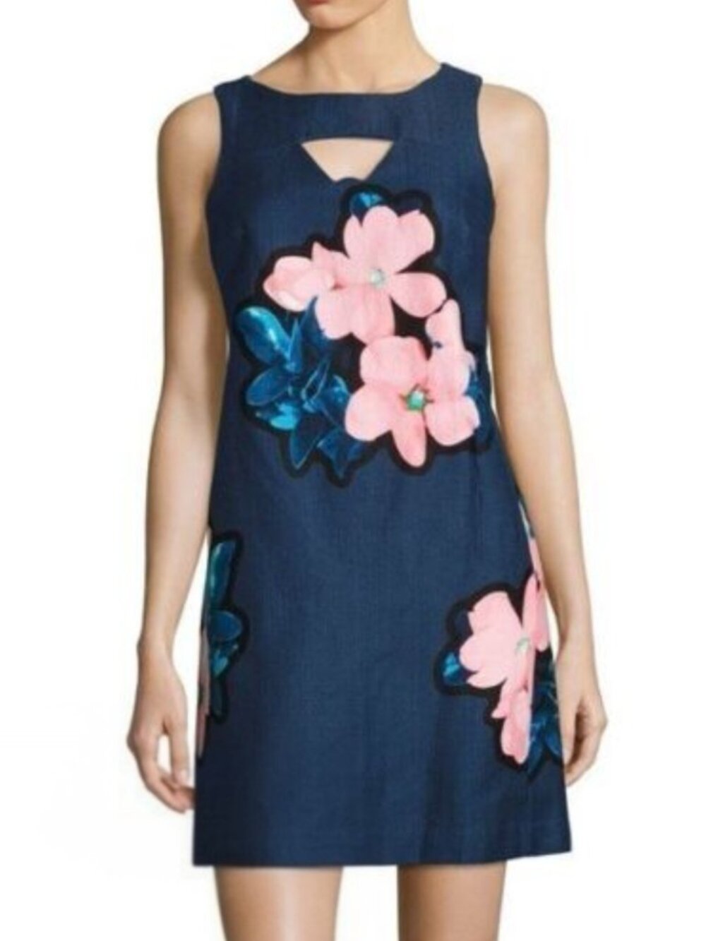 Taylor Navy Cotton Shift Dress with Pink Flowers